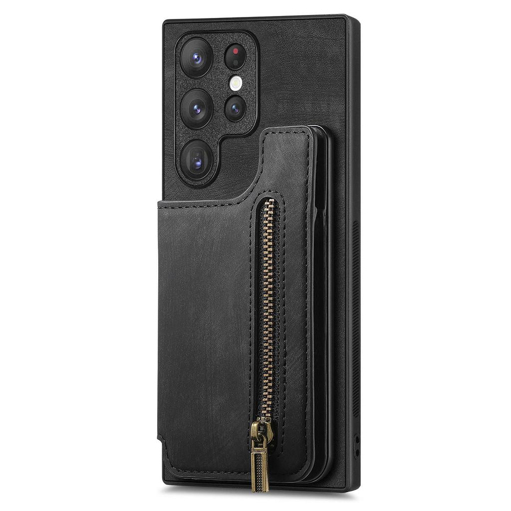 D15 For Samsung Galaxy S23 Ultra Case Retro PU+TPU Zipper Wallet Phone Cover with Kickstand