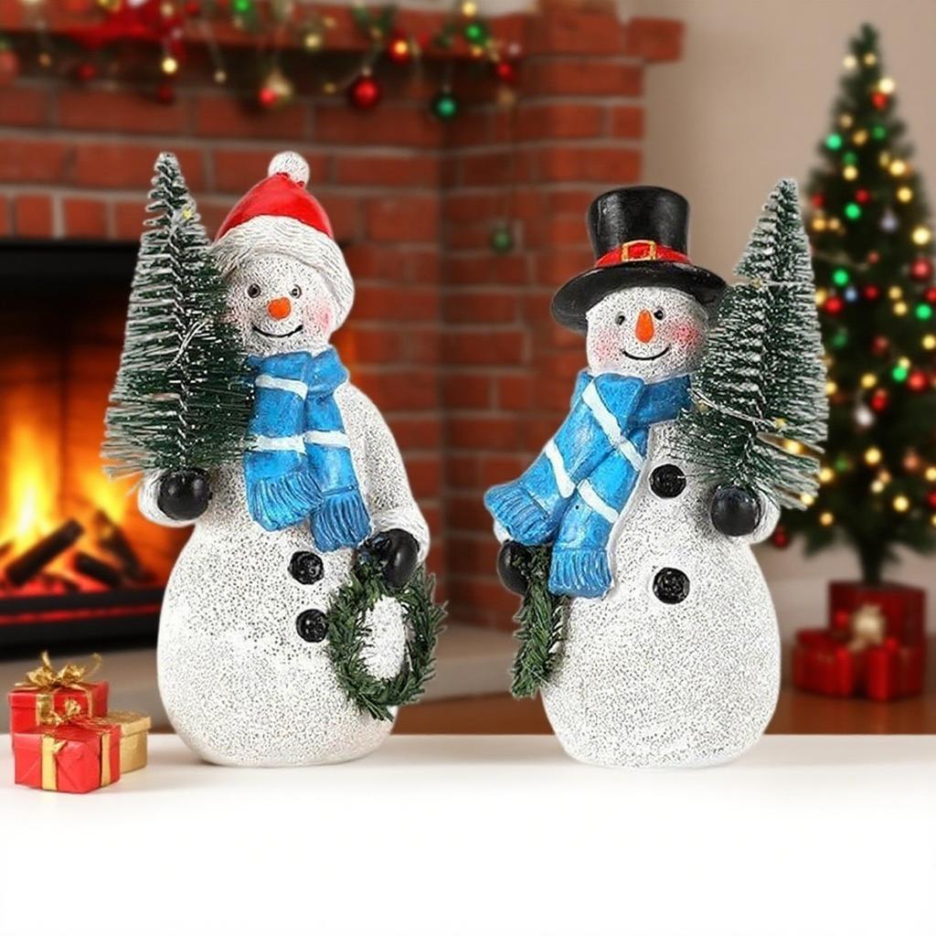 Double 4.8 Inch Resin Snowman Figurines With Christmas Tree Garland Christmas Decoration Indoor Snowman Decorative Ornaments