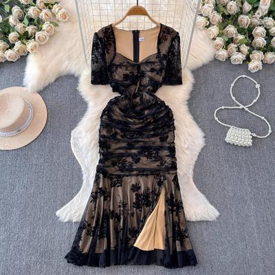 Summer Sexy See Through Mesh Dresses Vintage Print Slim Fit Splitdress for Women Y2k Short Sleeve Vestidos Mujer