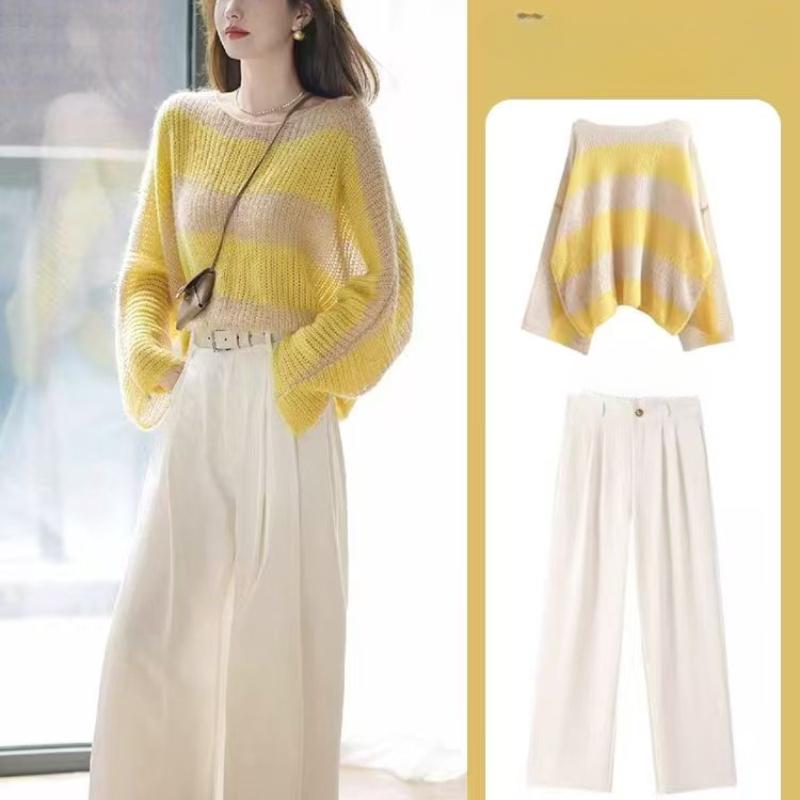 Yellow High-end Color-block Loose Striped Knitwear Designed Top Lazy Early Spring Elegant Thin Hollow Out