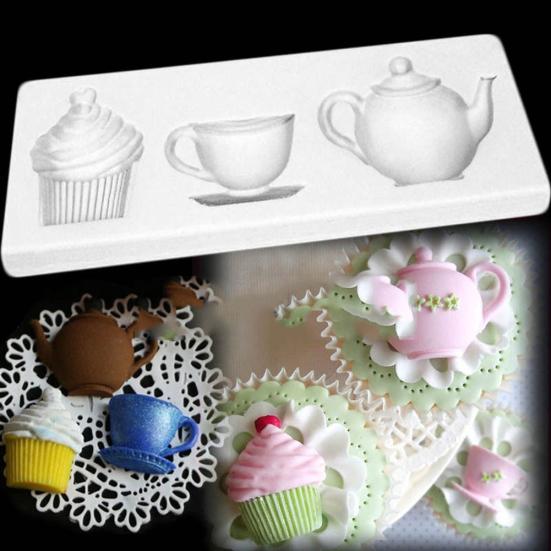 3 Kavitäten Silikon Teekanne Tasse Cupcake Fondant Form Backblech Kuchen Dekor Werkzeug