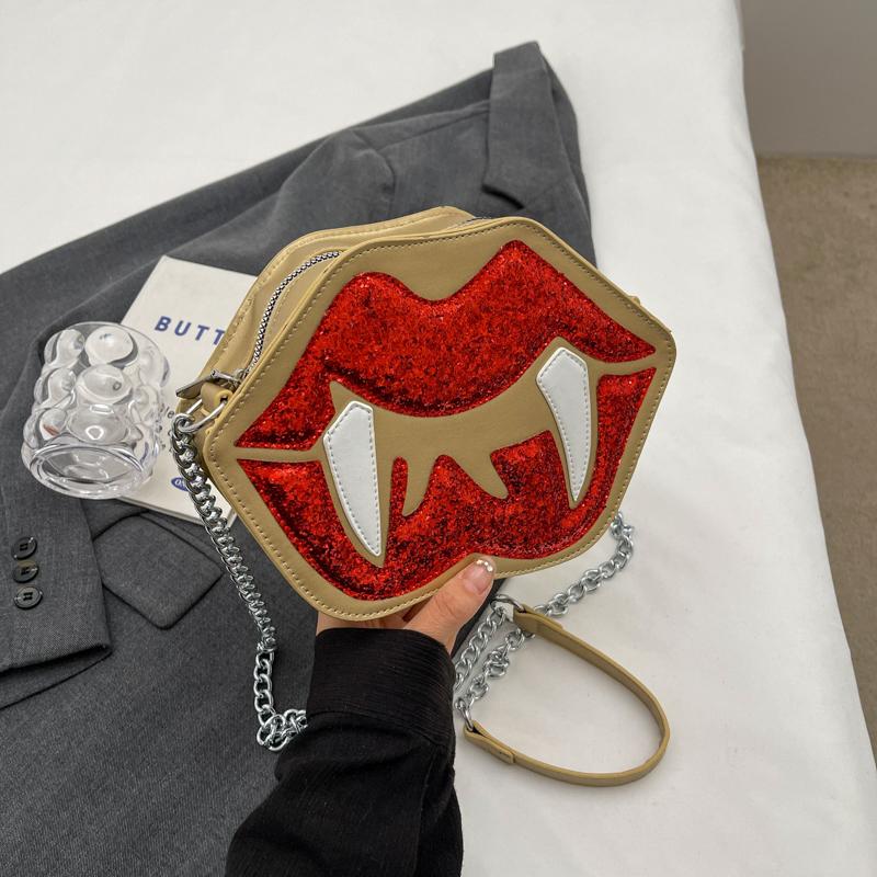 Personality Trendy Women's Shoulder Bag Flame Red Lips Vampire Sequin Decoration Female Messenger Bag For Halloween Party