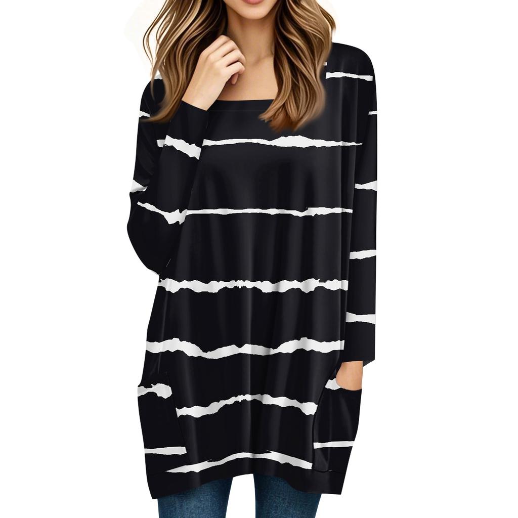 Womens Tops Square Collar Long Sleeve Blouses Casual Mid-length Shirts Fashion Print Tunic Tops With Pockets