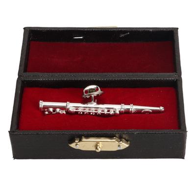 Silberne Flötenbrosche, Miniatur-Musikinstrument, Anstecknadel mit rotem Samtfutter