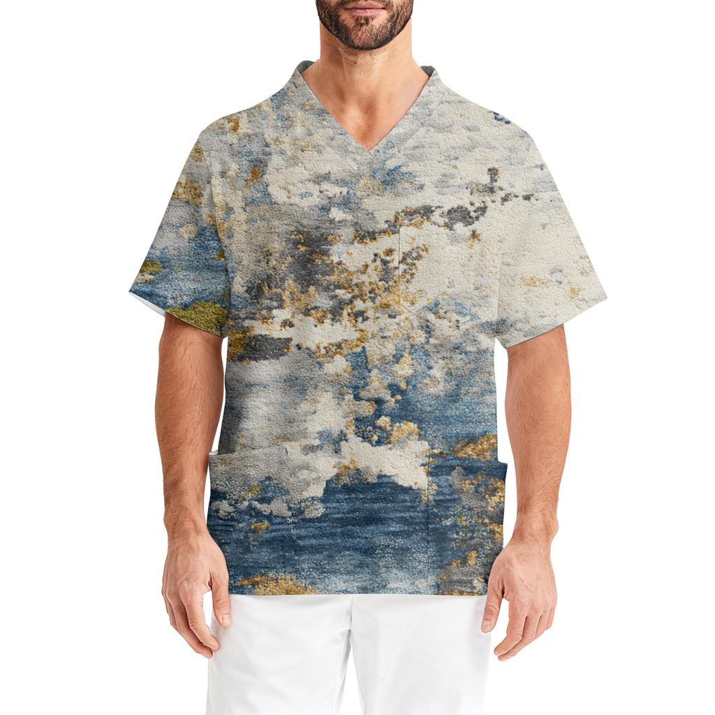 Men's Printing Short Sleeve V,neck Working Blouse Chest Pocket Carer Top