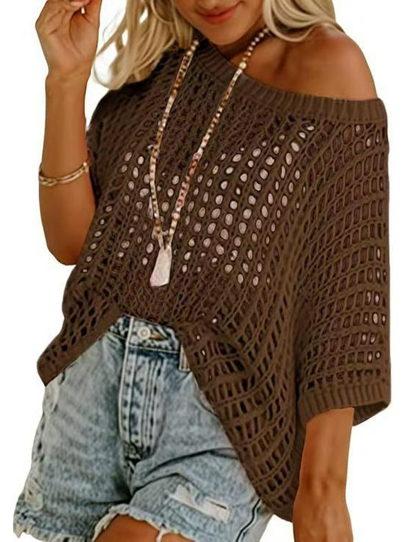 European & American 2026 Summer Mesh Hollowed-Out Five-Sleeve Beach Cover-up Sunscreen.