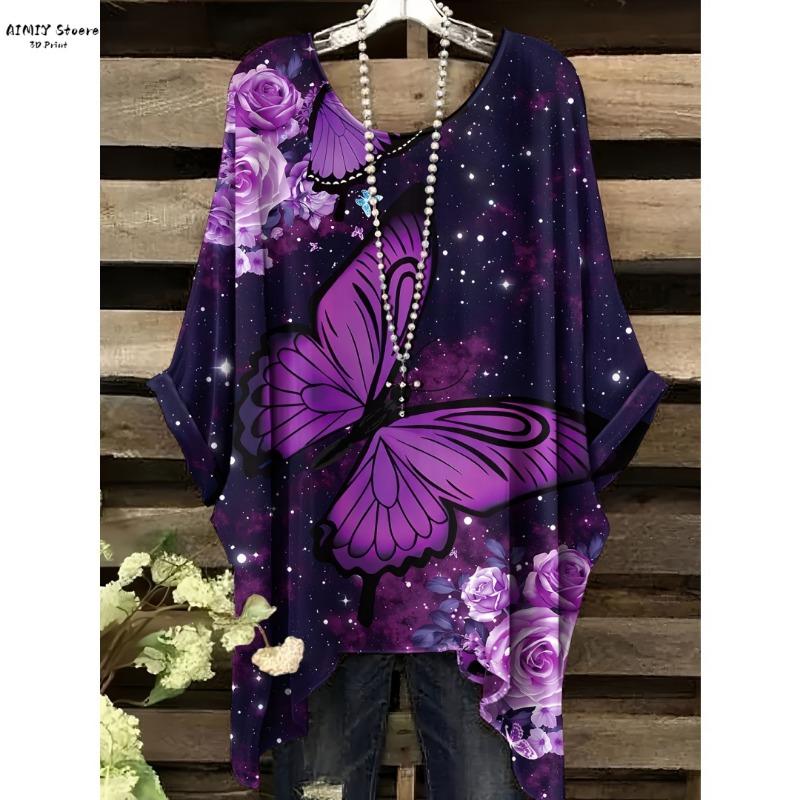 2025 Elegant Bohemian Women's T-shirt Flower Butterfly Bottom Round Neck Multi functional Summer Machine Washable