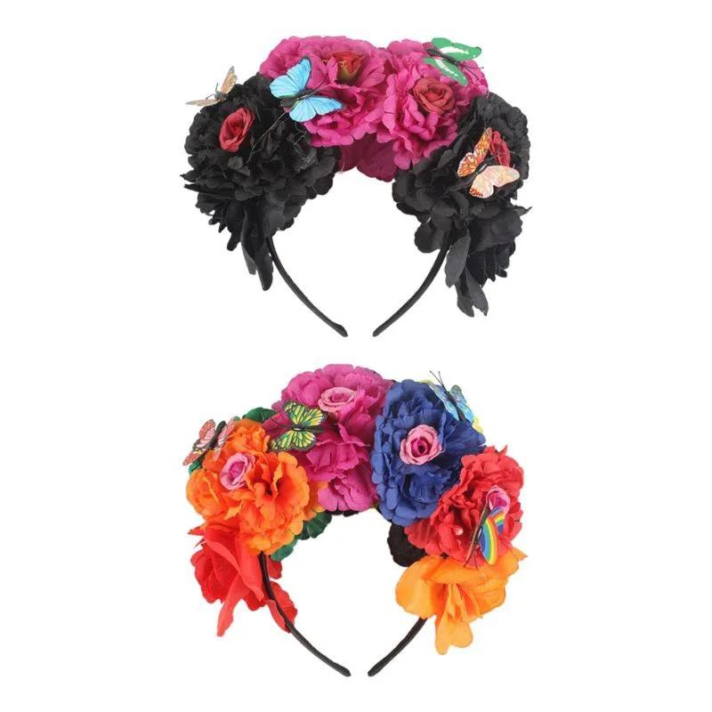2024 Halloween Simulation Colorful Peony Flower Headband Fairy Butterfly Mexican Wreath Crown Cosplay Party Costume Day Dead