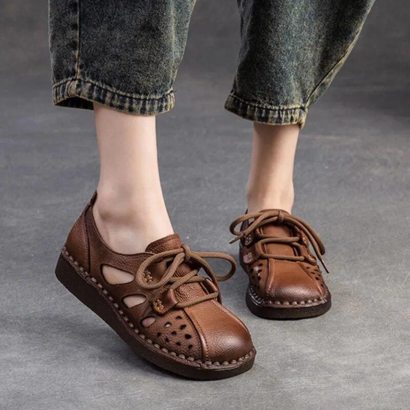 Johnature Hohle Sandalen aus echtem Leder, bequem, lässig, atmungsaktiv, vielseitig, flache Damenschuhe