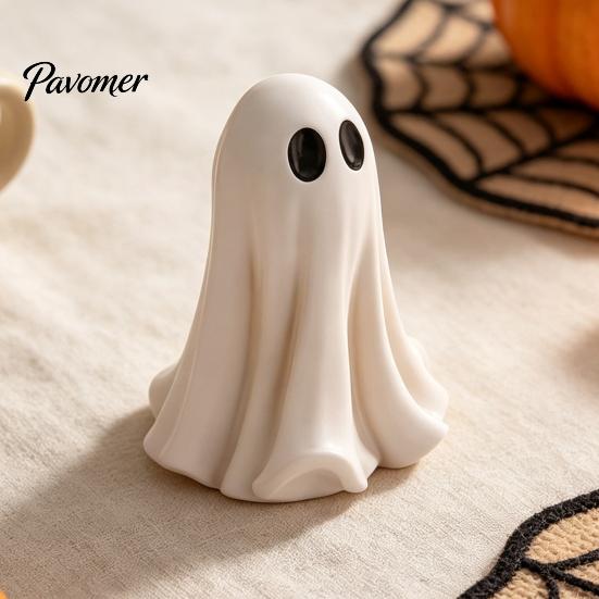 Durable Resin Autumn Display Cute White Ghost Statue, Big Eyes Figurine, Halloween Tabletop Decor, Child-Friendly Party Props Spooky Indoor