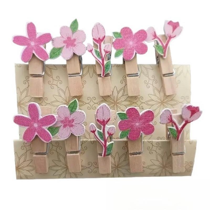 10PCS Floral Peach Blossom Kindergarten Photo Wall Floral Card Cherry Blossom Pink Flower Woodcraft Small Wooden Clip