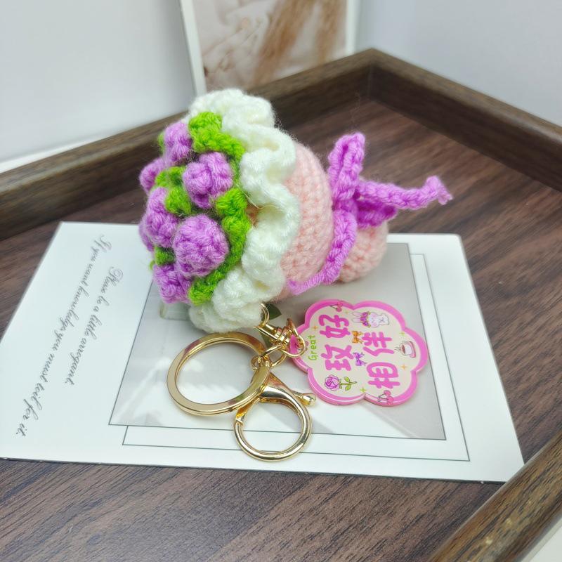 Handmade Knit Yarn Rose Flower Keychain Bag Accessory Gift