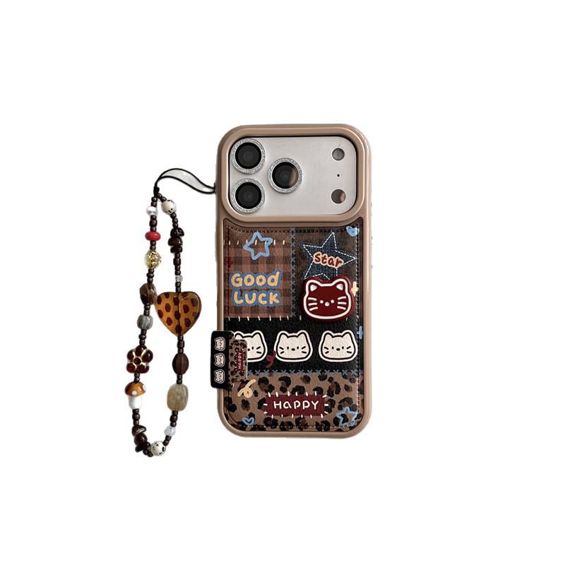 Braune Karo-Stern-Kätzchen-Handyhülle im japanischen & koreanischen Stil - Passend für iPhone17, 16ProMax/15/14