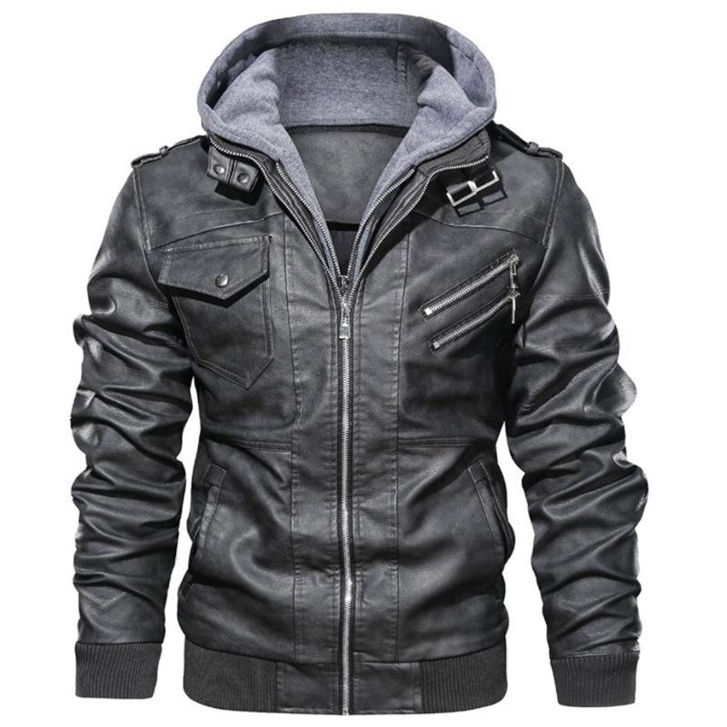 Autumn and Winter Men's Leather Jacket Men's PU Leather Hooded Leather Jacket Two-piece Set