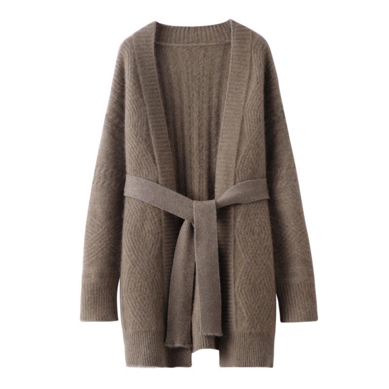 Women's 2023 Mid-Length Pure Wool Cardigan Coat - Loose, Thick Knit Sweater