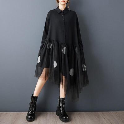 Long Sleeve Plus Size Black Cotton Mesh Vintage Dot New In Dresses for Women Casual Loose Spring Autumn Shirt Dress