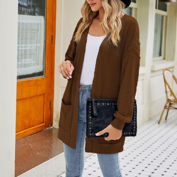 Fashion Casual Solid Color Womens Mid Length Cardigan Sweater Coat