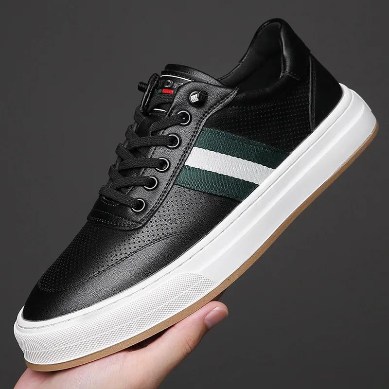 European Shoes for Men Genuine Leather Casual Shoes Spring Flat Skateboard Shoes Fashion Striped Sneaker