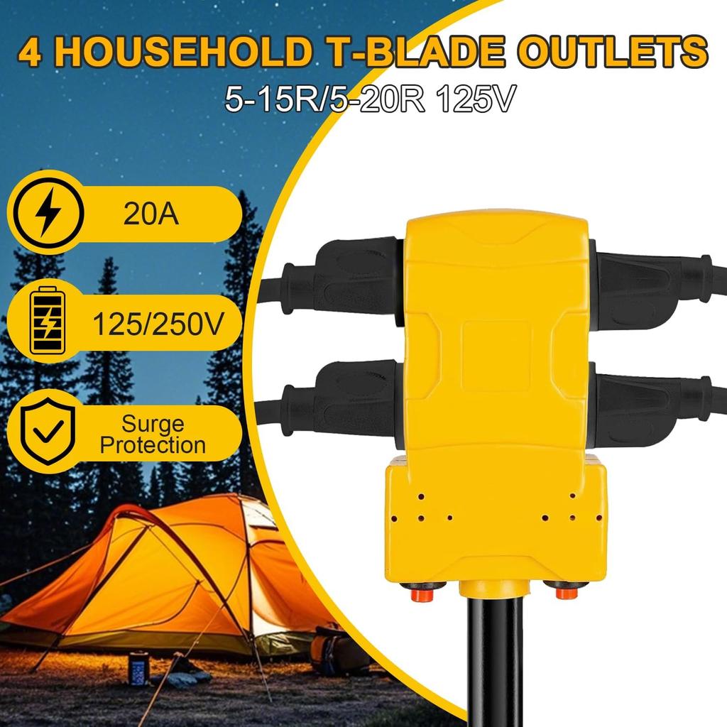 50 Amp To 20 Amp 110V RV Distribution Adapter, 240V To 120V, NEMA 14-50P To 4 X 5-20R/15R RV Generator Adapter, 4-Prong Plug To Mutiple Household