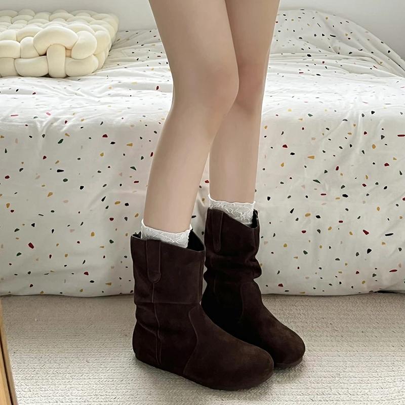 Spring Autumn Vintage Women Flats Ankle Boots Shoes Fashion Round Toe Slip On Pleated Short Booties