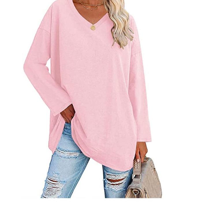 Super Large Multi-color Loose V-neck Women's T-shirt with Drop Shoulder Sleeves