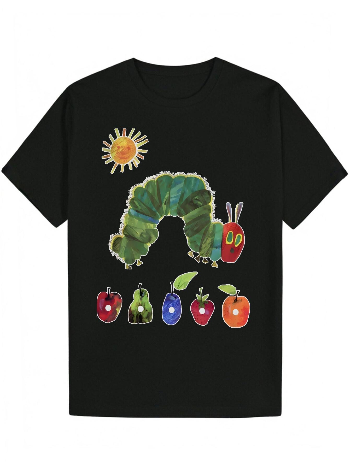 Crew Neck Polyester T-shirt with Vibrant Caterpillar & Fruit Design - Lightweight XXXXL