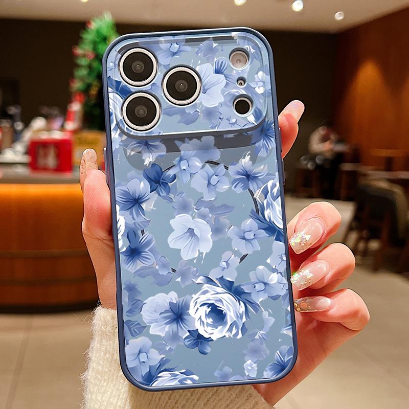 Magnetisch Für Magsafe Hülle Für iPhone 17 Pro Max Blau Rose Blumen Muster Hautgefühl Abdeckung Für iPhone 16 15 14 13 Pro Max