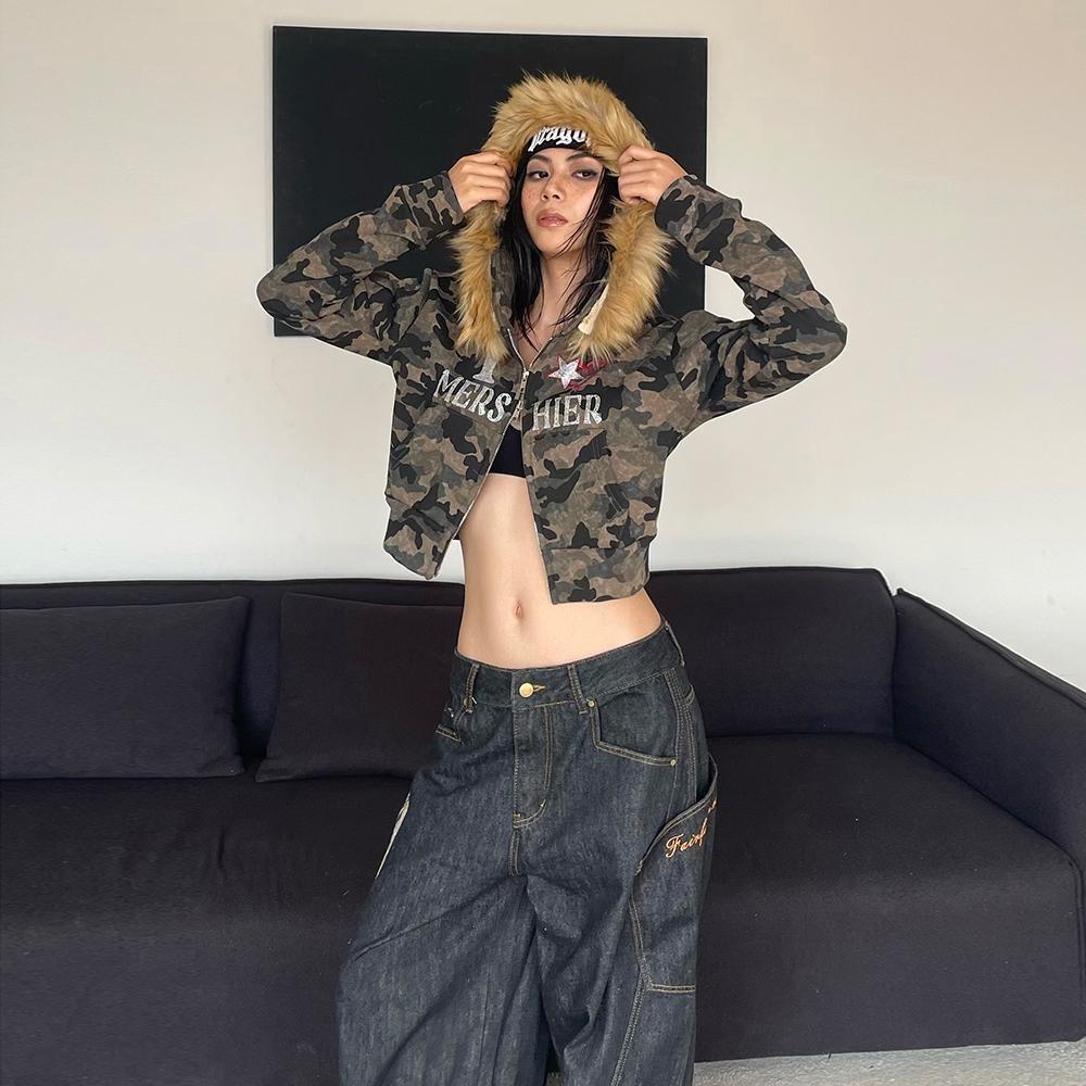 Streetwear Zip Hoodies Camo Embroidered Sequins Y2K Womens Clothes Hip Hop Retro Harajuku Gothic Punk Cropped Hoodies Sweatshirt
