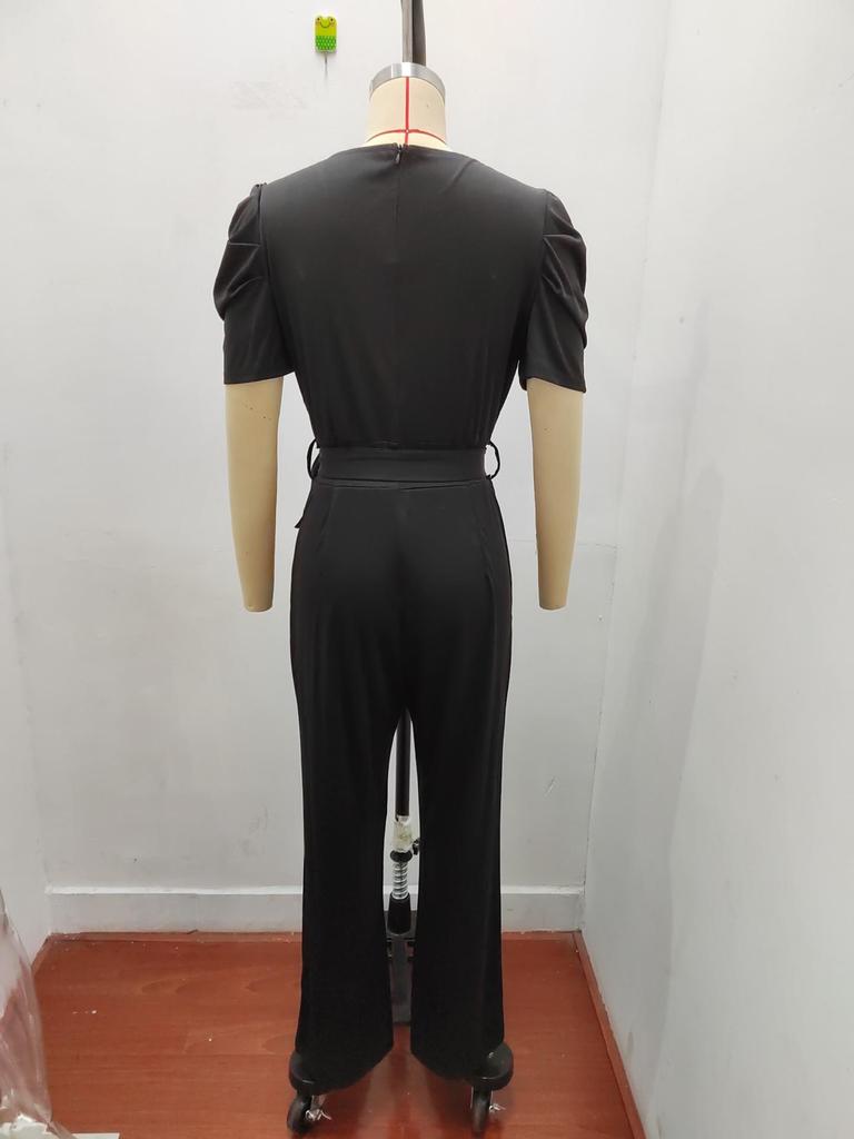 Combinaison Élégante d'Été 2025 pour Femmes - Col en V, Ceinture à Nouer, Couleur Unie, Manches Courtes, Pantalon Long Large