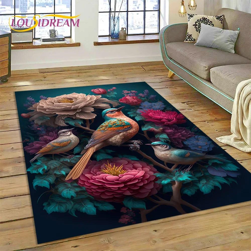 Niedlicher Teppich mit Traumvögeln, Papagei, Pfau, Cartoon-Motiv, für Schlafzimmer, Wohnzimmer, Zuhause, Sofa-Dekoration, Kinderspiel, große Deko-Bodenmatte