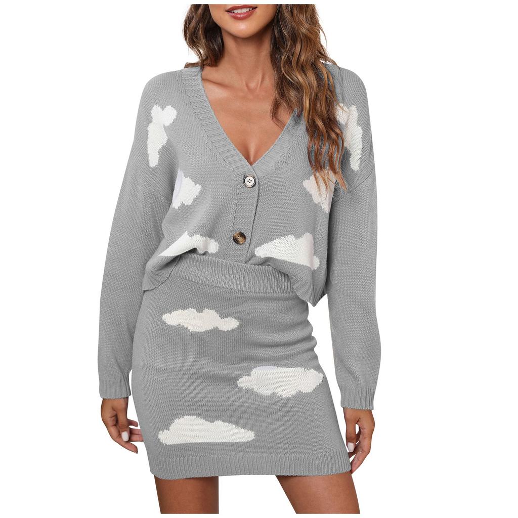 Dámská móda Ležérní svetr s potiskem, svetr na knoflíky, dvoudílná sukně
