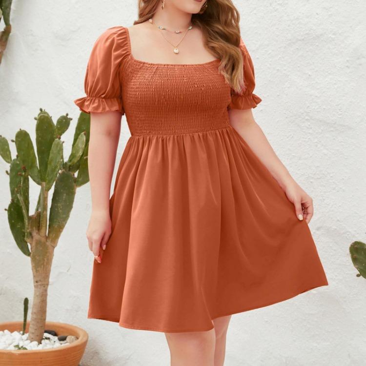 Plus Size Women Casual Dress Solid Color Square Collar Wrap Bubble Sleeve Vacation Travel Dress L шафрановый
