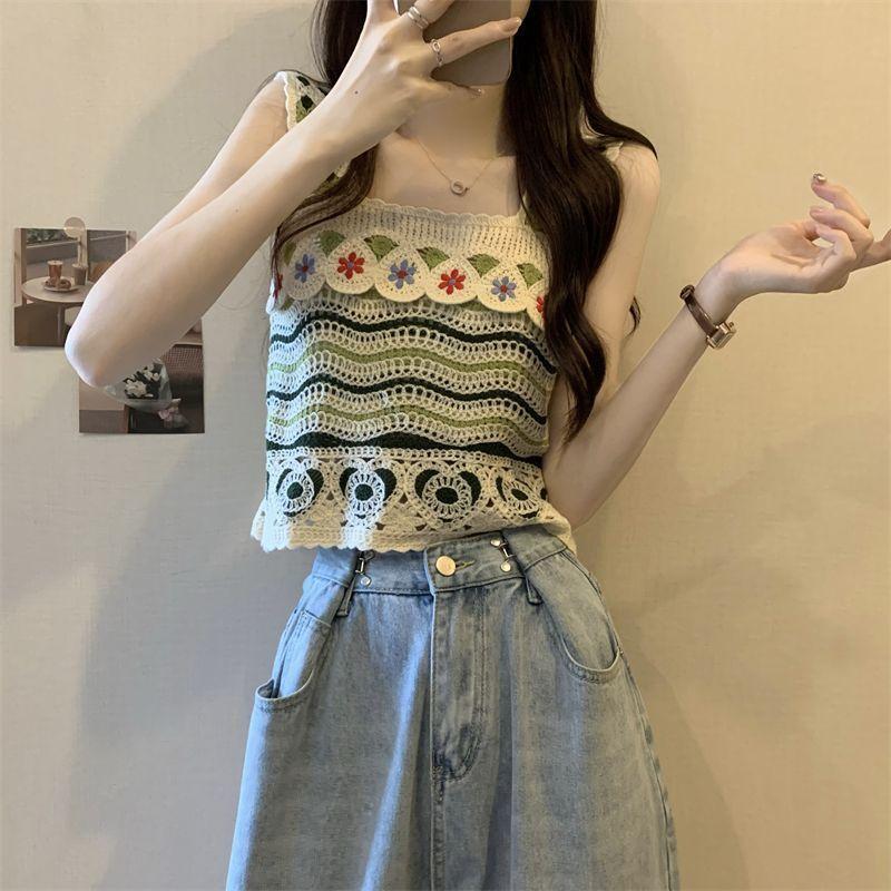 

Жилет-майка с цветочным узором и полым крючком для женщин, милый и уникальный летний трикотажный топ без рукавов для ношения на открытом воздухе one size