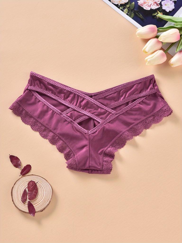 Lace Trim Hipster Panties, Cross Hollow Out Breathable Intimates Panties, Women's Lingerie & Underwear