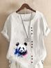Women's Fashion Panda Print Round Neck Short Sleeve T-shirt Casual Cotton Linen Graphic Shirt Leisure Loose Summer Blouse Tops