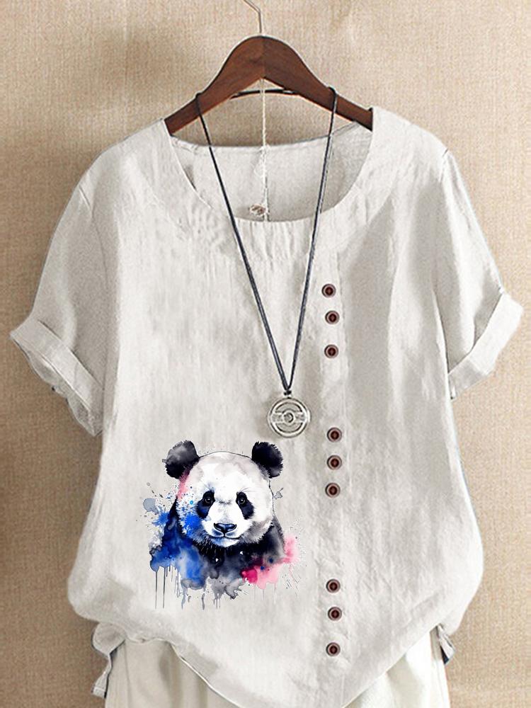 Women's Fashion Panda Print Round Neck Short Sleeve T-shirt Casual Cotton Linen Graphic Shirt Leisure Loose Summer Blouse Tops