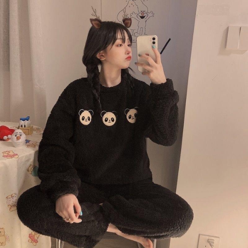 Pijamale groase, călduroase, de mărime mare, căptușite, de toamnă și iarnă pentru femei, set top și pantaloni, catifea coral, damă, ursuleț de desene animate, 2 bucăți/set