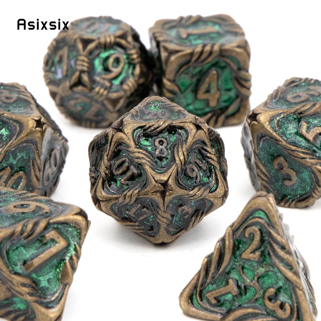 7 Pcs Yellow Green Tree Vine Metal Dice Solid Metal Polyhedral Dice Set Suitable for Role-Playing RPG Board Game Dice RPG