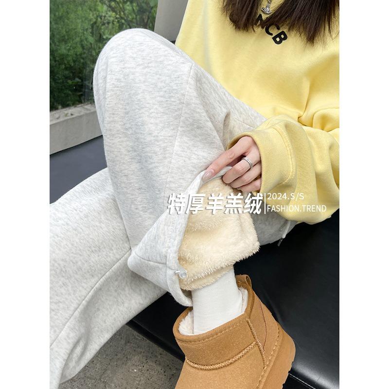 Lamb wool wide-leg pants women's autumn and winter new thickened thermal cotton pants small tied feet fleece sweatpants