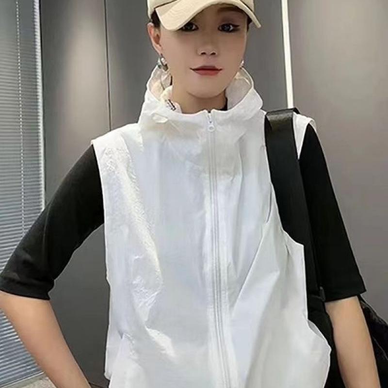 

Women s Summer Causal Thin Section Hooded Vest Solid Color Sports Short Section Sun Shirt 3XL