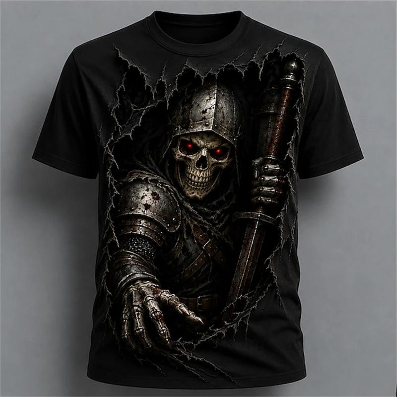 New Men's Halloween Crew-Neck Short-Sleeve T-Shirt Grim Reaper Scythe and Skeleton Print Crew-Neck Short-Sleeve Men's Top