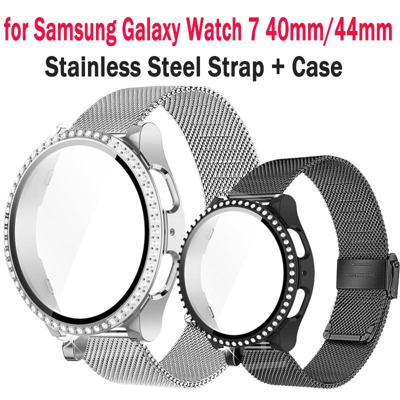 

Металлический ремешок + чехол для ПК Samsung Galaxy Watch 7 40 мм 44 мм металлический ремешок-петля блестящий чехол закаленное стекло защитный экран