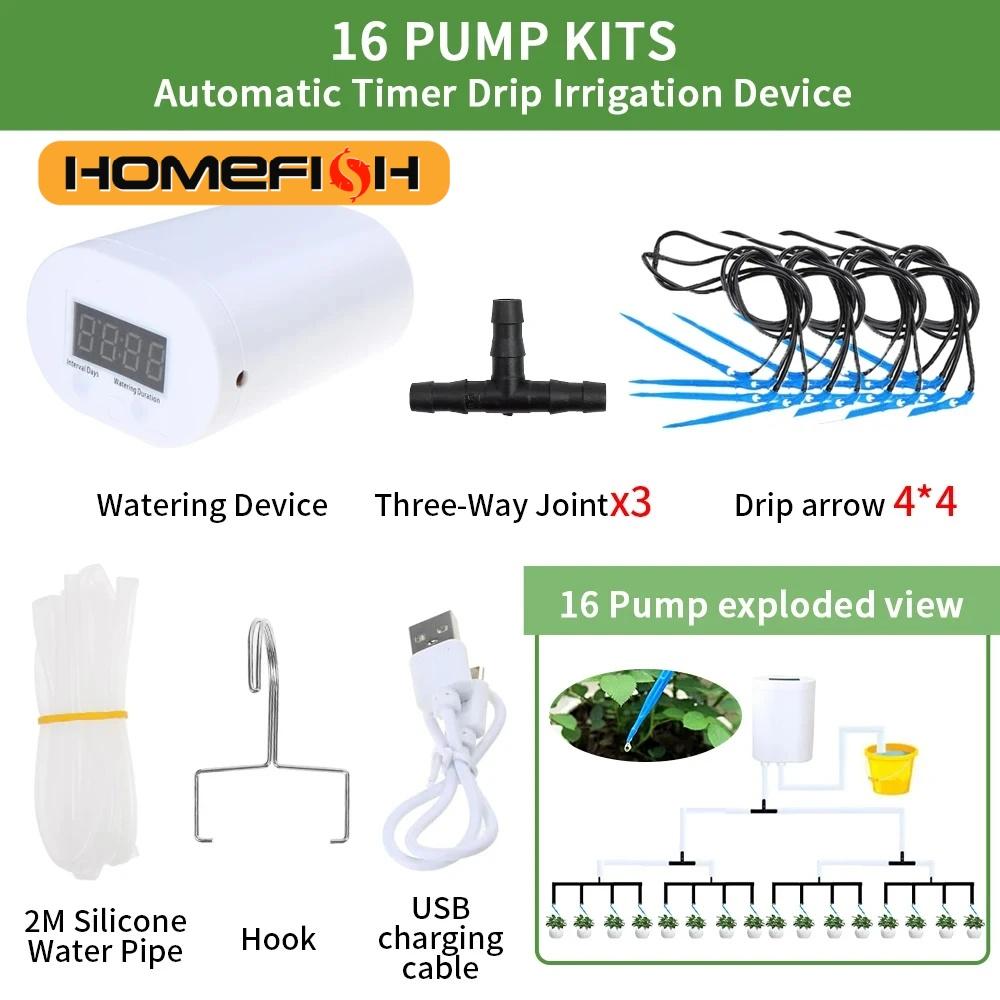 

HOMEFISH Автоматичний насос для поливу рослин та квітів Домашній розпилювач Пристрій для крапельного зрошення 4/8/16 голів Комплект системи з таймером Садовий інструмент