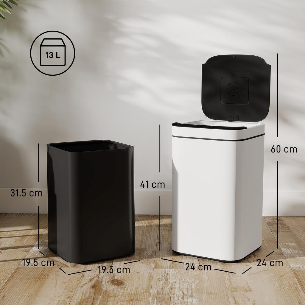 13L Trash Bin with Sensor and Space for Deodorizers, in Steel and PP, 24x24x41 cm, White and Black