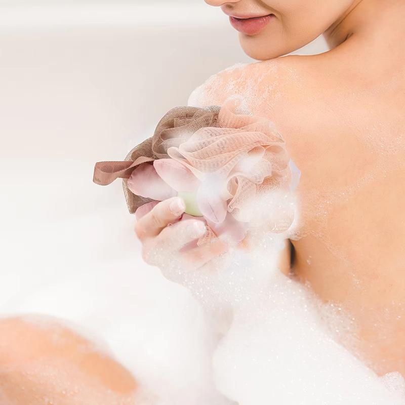Bath Flower Shower Loofah Reusable Body Scrubber Exfoliating Mesh Bath Accessories For Kids Adults Lanyard Included Soft PE