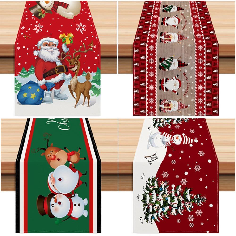 Christmas Red Plaid Table Runner with Gnome Snowman Print for Home Dining Room Decor