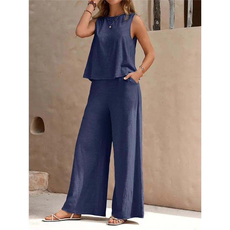  Women's Elegant Solid Color Matching Set Sleeveless Blouse And Wide Leg Pants