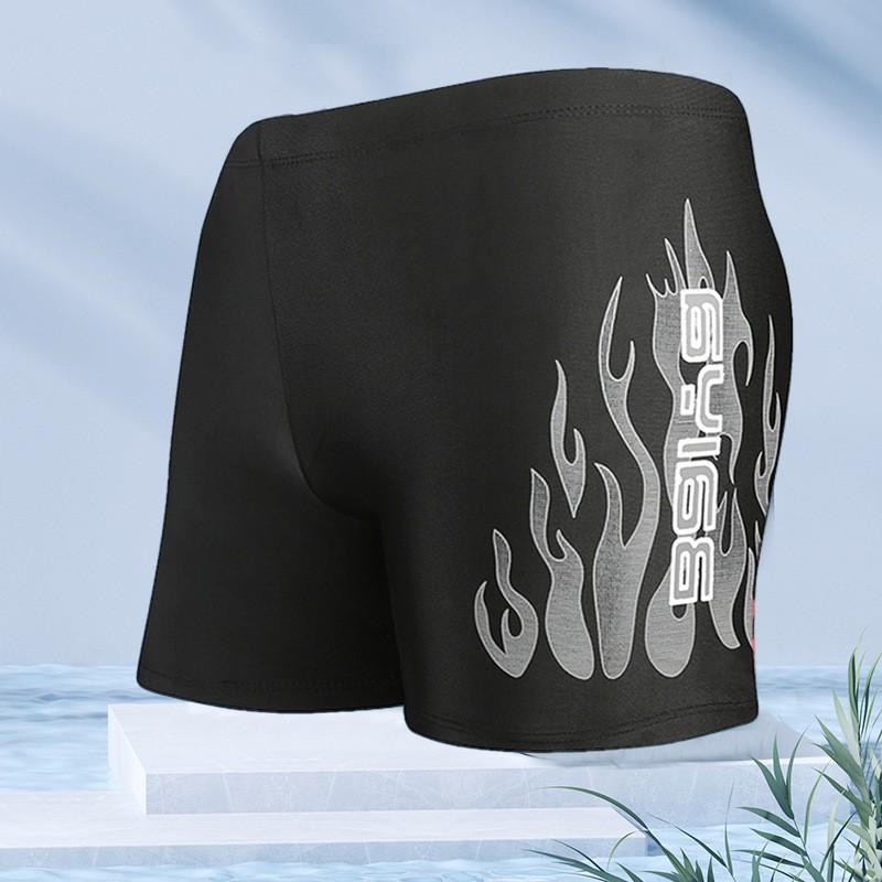 Mens Flame Print Loose Fit Boxer Style Swimming Trunks Quick Dry Nylon Swimwear Pool Beach Surfing
