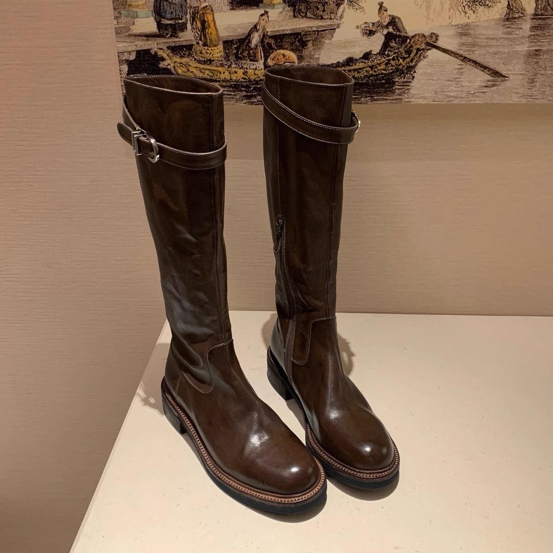 

Washed cowhide~ Genuine leather thick heel buckle high boots retro knight boots women s slim boots 40