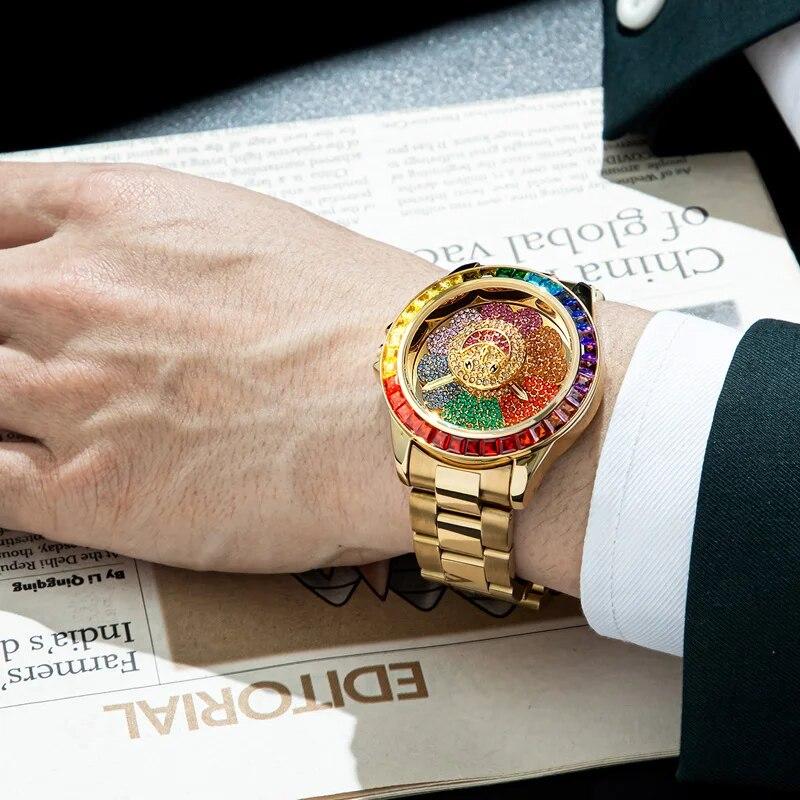 Yenilik Izle Erkekler Için Komik Dönen Ayçiçeği Kadran Paslanmaz Çelik Kuvars Kol Saati Trendy Elmas Çerçeve Su Geçirmez Erkek Saat